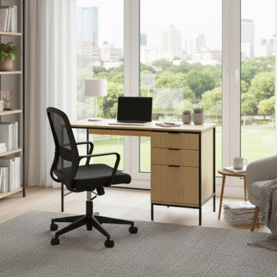 Home Source Wisbech 3 Drawer Oak Effect And Metal Home Office Computer Writing Desk - image 1