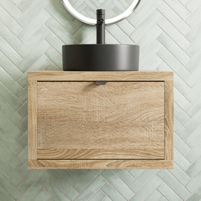 Affine 600mm Countertop Bathroom Vanity Unit Black Basin Sink Wall Hung Soft Close Oak - image 1