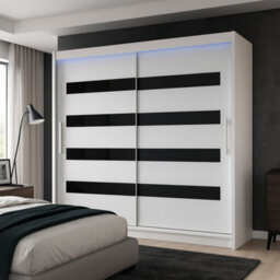 Bega Xi 180 Wardrobe With Sliding Doors Hanging Rail Shelves White With Black And Led Lights - thumbnail 1