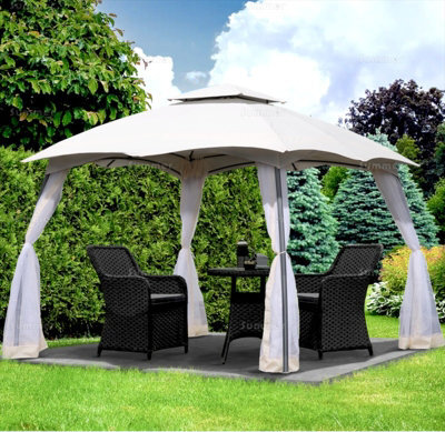 Curved Roof Metal Gazebo With Showerproof Sunshade Canopy And Side Screens, Beige, 3.0X3.0M - image 1