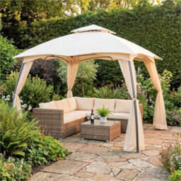 Curved Roof Metal Gazebo With Showerproof Sunshade Canopy And Side Screens, Beige, 3.0X3.0M - thumbnail 3