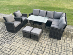 Fimous High Back Outdoor Garden Furniture Set Rattan Corner Sofa Dining Table Set With Armchairs Footstool - thumbnail 1