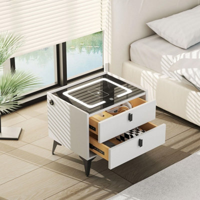 Led Bedside Table With 2 Drawers Wireless Charging Side Cabinet White - image 1