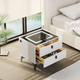 Led Bedside Table With 2 Drawers Wireless Charging Side Cabinet White
