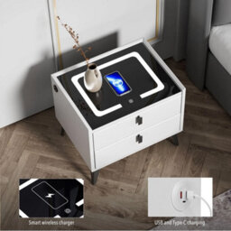 Led Bedside Table With 2 Drawers Wireless Charging Side Cabinet White - thumbnail 4