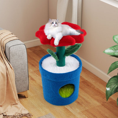 Tree For Indoor Cats Kitten Tower With Flower Padded Perch-Red Cute Cat - image 1