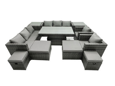 Fimous Rattan Dining Table Sofa Set With 2 Side Tables 2 Armchair 4 Stools Outdoor 12 Seat Garden Furniture Set Dark Grey Mixed - image 1