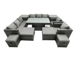 Fimous Rattan Dining Table Sofa Set With 2 Side Tables 2 Armchair 4 Stools Outdoor 12 Seat Garden Furniture Set Dark Grey Mixed - thumbnail 1