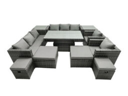 Fimous Rattan Dining Table Sofa Set With 2 Side Tables 2 Armchair 4 Stools Outdoor 12 Seat Garden Furniture Set Dark Grey Mixed - thumbnail 2