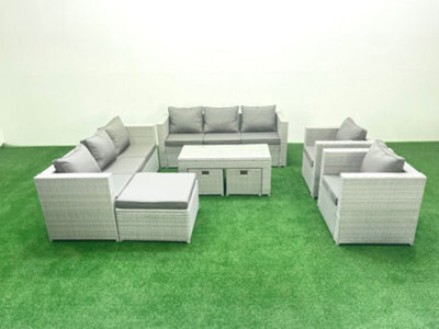 Fimous Outdoor Garden Furniture Rattan Sofa Set 2 Armchairs Oblong Coffee Table 3 Stools Light Grey - image 1