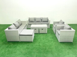 Fimous Outdoor Garden Furniture Rattan Sofa Set 2 Armchairs Oblong Coffee Table 3 Stools Light Grey - thumbnail 2