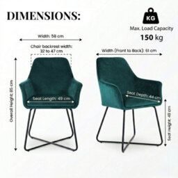 Evre Josie Teal Velvet Dining Chairs Set Of 2 Upholstered Chairs With Arms & Metal Legs - thumbnail 2