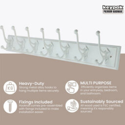 Keypak Wooden Coat Rack 7 Antique White Double Hooks Rustic Finish - 84Cm Wall Mounted Hanger For Clothes, Robes, Towels - thumbnail 2