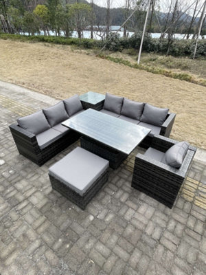 Fimous 8 Seater Pe Rattan Corner Sofa Set Rising Adjustable Dining Table Set High Side Coffee Table With Arm Chair Big Footstool - image 1