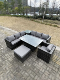 Fimous 8 Seater Pe Rattan Corner Sofa Set Rising Adjustable Dining Table Set High Side Coffee Table With Arm Chair Big Footstool - thumbnail 2