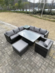 Fimous 8 Seater Pe Rattan Corner Sofa Set Rising Adjustable Dining Table Set High Side Coffee Table With Arm Chair Big Footstool - thumbnail 3