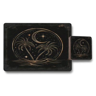 Benjamin Tate Design Gold Foil Palm Island Placemat Set Of 12 And Coaster Set Wooden Base Limited Edition - image 1