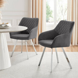 Furniturebox Set Of 2 Dining Chairs - Falun Modern Dining Chairs - Grey Fabric Chrome Leg Dining Chairs - Kitchen Dining Room Chairs