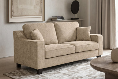 Soft Chenille Fabric Beige 2 Seater Sofa Nathan - High Back Cushions, Sprung Seat - Room Delivery - image 1