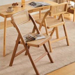 Mid Century Folding Wooden Chair Set Of 2 Rattan Seat Dining Chairs Garden Chair - thumbnail 3