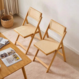 Mid Century Folding Wooden Chair Set Of 2 Rattan Seat Dining Chairs Garden Chair - thumbnail 1