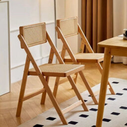 Mid Century Folding Wooden Chair Set Of 2 Rattan Seat Dining Chairs Garden Chair - thumbnail 4