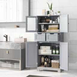Costway 128 Cm Tall Bathroom Storage Cabinet Freestanding Floor Cabinet W/ Drawers-Grey - thumbnail 3