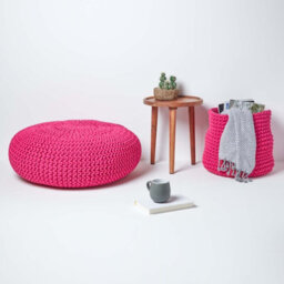 Homescapes Hot Pink Large Round Cotton Knitted Pouffe Footstool - thumbnail 6