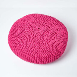 Homescapes Hot Pink Large Round Cotton Knitted Pouffe Footstool - thumbnail 3