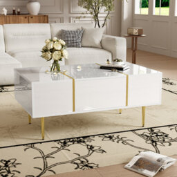 Btm White High Gloss Coffee Table Modern Simple 2 Drawers Living Room Storage Table - thumbnail 5