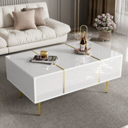 Btm White High Gloss Coffee Table Modern Simple 2 Drawers Living Room Storage Table - thumbnail 6