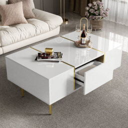 Btm White High Gloss Coffee Table Modern Simple 2 Drawers Living Room Storage Table - thumbnail 4