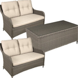 Loops Premium 4 Seater Garden Coffee Table Set - 3Pc Rattan Wicker Sofa Chair Cushions