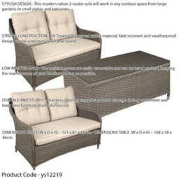 Loops Premium 4 Seater Garden Coffee Table Set - 3Pc Rattan Wicker Sofa Chair Cushions - thumbnail 2