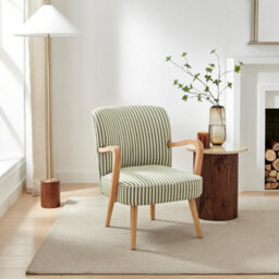 Furniturebox Uk Sylvie Accent Chair Green And Cream Stripe Oak Effect Legs - thumbnail 1