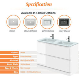 Plum&clay Marvel Gloss White Floor Standing Bathroom Vanity Unit With White Glass Basin (W)1200mm - thumbnail 4