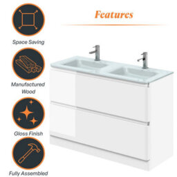 Plum&clay Marvel Gloss White Floor Standing Bathroom Vanity Unit With White Glass Basin (W)1200mm - thumbnail 5