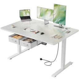 Electric Standing Desk With Power Outlets, 120 X 80 Cm Sit Stand Desk With 2 Drawers, Usb Ports, Height Adjustable, White - thumbnail 1