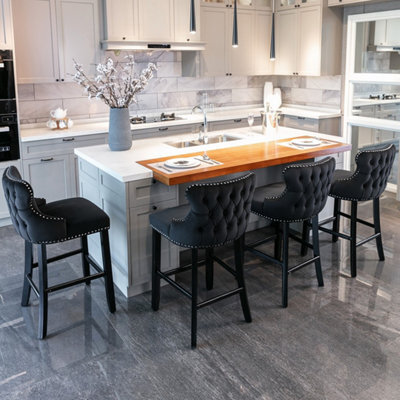 HomeTouch Set Of 6 Black Velvet Upholstered Bar Stools With Wood Legs - image 1