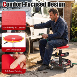 Costway Garage Shop Seat 2-Tier Tool Trays Padded Cushion Heavy-Duty 120 Kg Swivel Stool For Auto Repair - thumbnail 5
