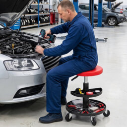 Costway Garage Shop Seat 2-Tier Tool Trays Padded Cushion Heavy-Duty 120 Kg Swivel Stool For Auto Repair - thumbnail 3