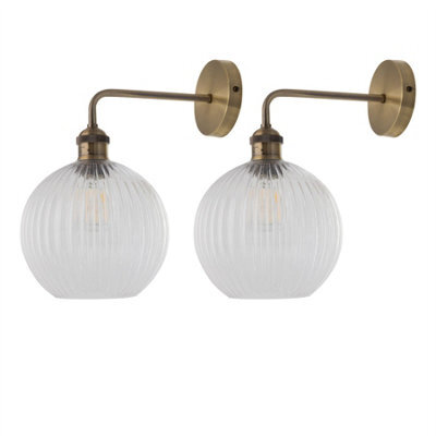 First Choice Lighting Set Of 2 Isaac - Antique Brass Wall Lights With Clear Ribbed Shades - image 1