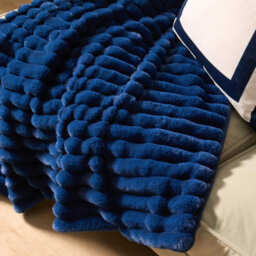 Ohs Faux Fur Ribbed Fleece Throw Over Bed Blanket Winter Warm Supersoft, Navy - 125 X 150Cm - thumbnail 2