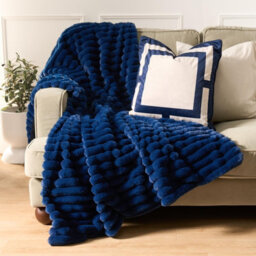 Ohs Faux Fur Ribbed Fleece Throw Over Bed Blanket Winter Warm Supersoft, Navy - 125 X 150Cm - thumbnail 1