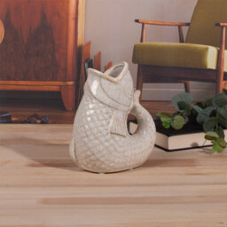 Ceramic Fish Gurgle Jug Vase Cream 17Cm Decorative Home Ornament Coastal Gift - thumbnail 2