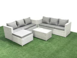 Fimous Garden Outdoor Pe Rattan Furniture Set 7 Seater Rattan Garden Sofa Set Big Stool Light Grey - thumbnail 1