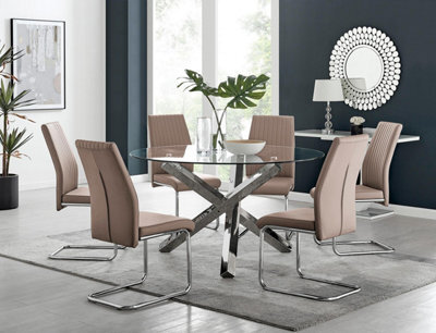Furniturebox Uk Vogue Large Round Chrome Metal Clear Glass Dining Table And 6 Cappuccino Beige Lorenzo Dining Chairs Set - image 1