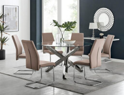 Furniturebox Uk Vogue Large Round Chrome Metal Clear Glass Dining Table And 6 Cappuccino Beige Lorenzo Dining Chairs Set