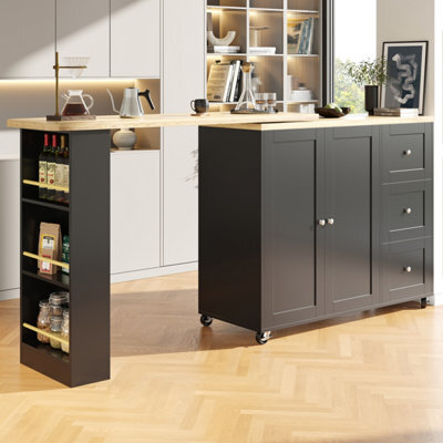 Btm Btm Black Swivelling Dining Table On Wheels With Drawers And Snack Rack Kitchen Storage Island - image 1