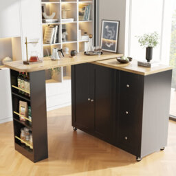 Btm Btm Black Swivelling Dining Table On Wheels With Drawers And Snack Rack Kitchen Storage Island - thumbnail 3